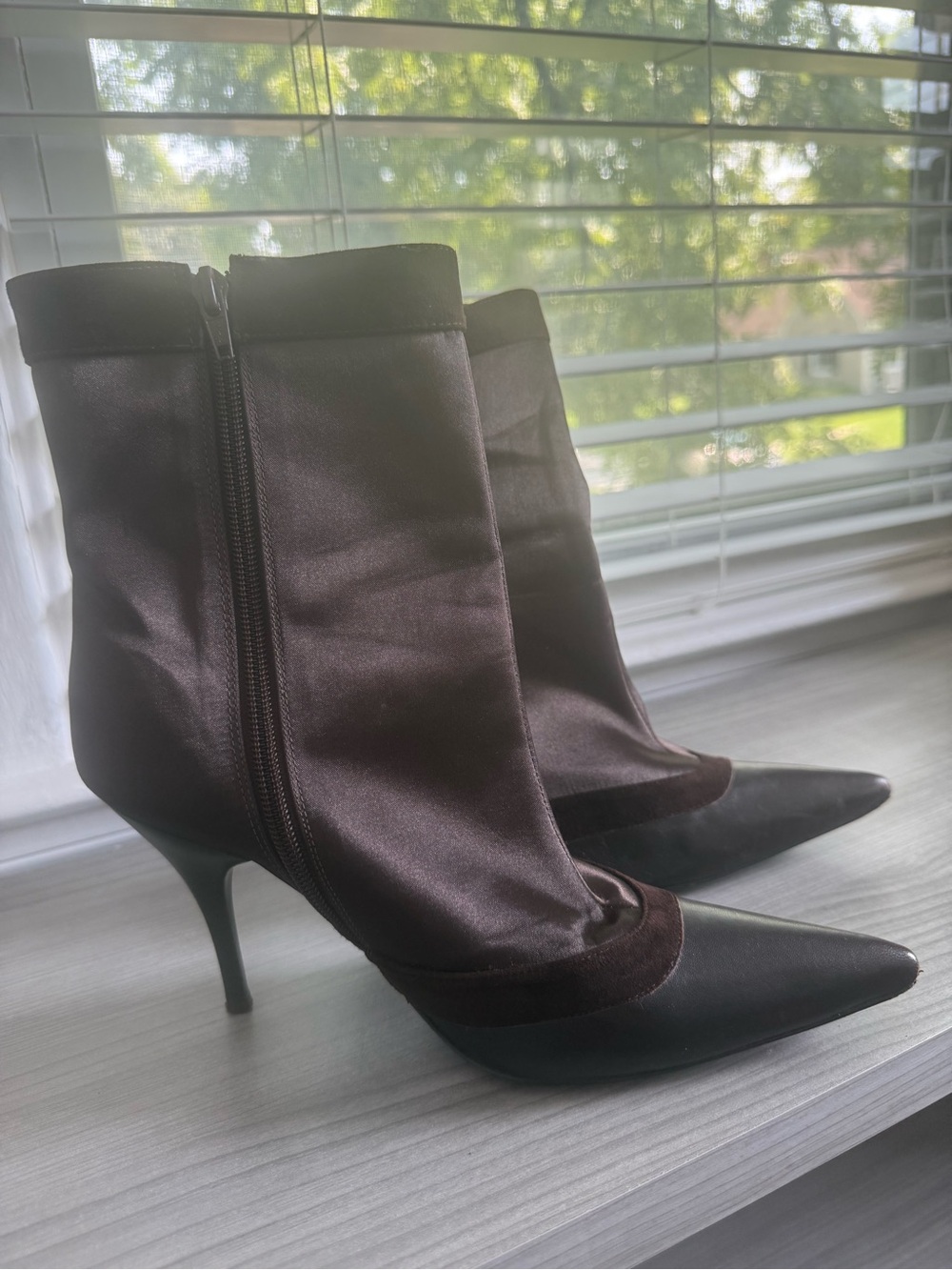 BCBG Satin Brown and Black Pointed-Toe Ankle Booties